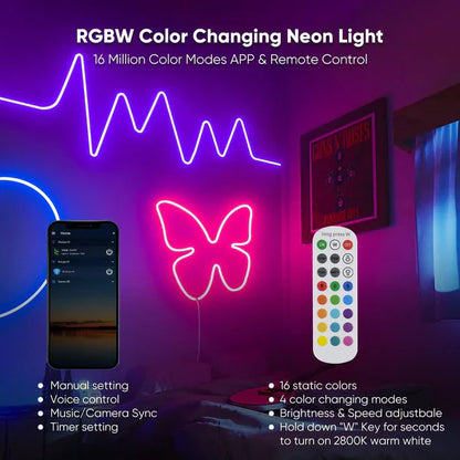16FT 24V Smart RGBW LED Neon Rope Light, Cool and Warm White – Anti Yellowing -App and Remote Controlled