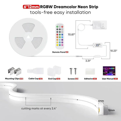 16FT 24V Smart RGBW LED Neon Rope Light, Cool and Warm White – Anti Yellowing -App and Remote Controlled