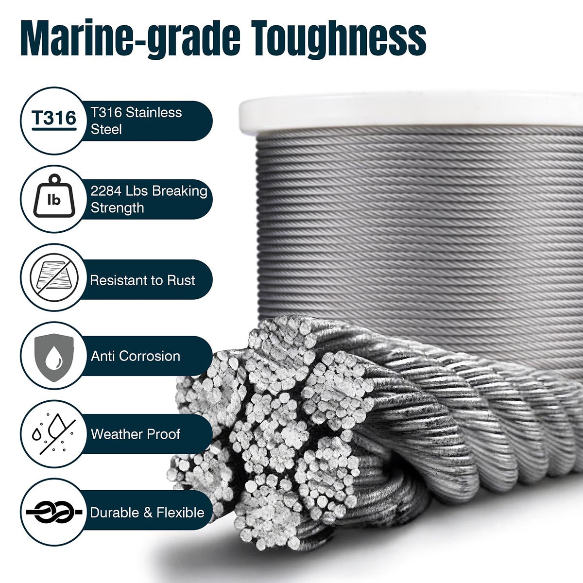 Yescom 4.8mm Wire Rope Type 316 Stainless Steel, 7x19, 3/16"x500'