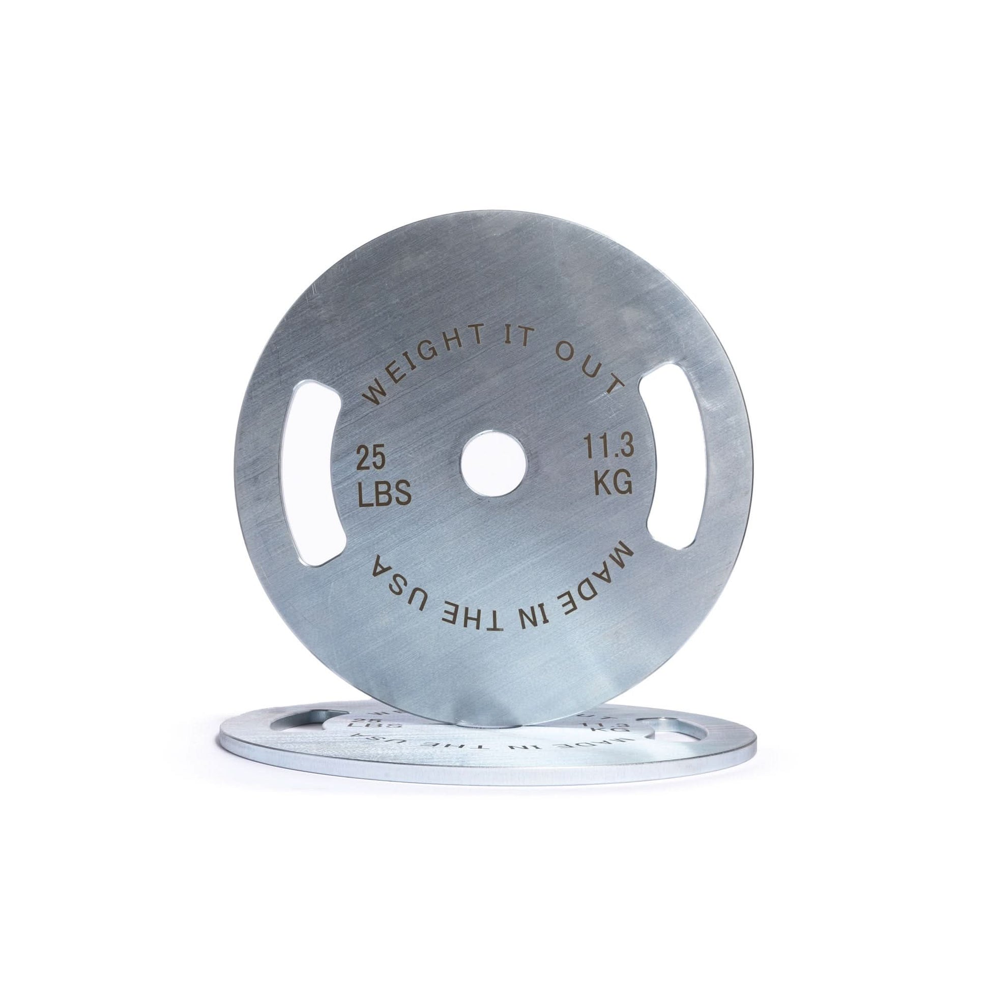 Solid Steel Calibrated Weight Plate Pairs - front view 25 lbs (silver finish)