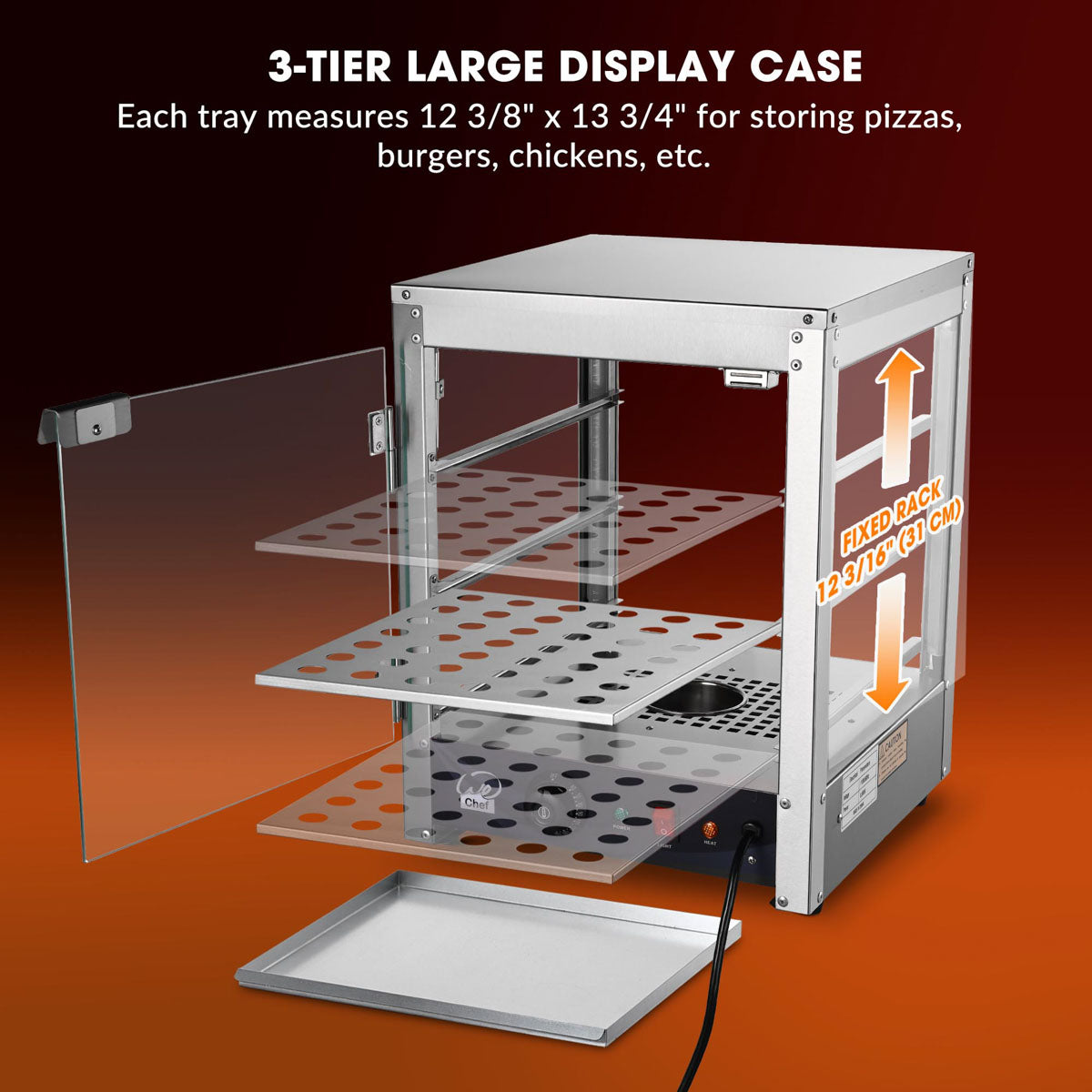 Yescom Pizza Food Warmer Commercial Countertop Display Case 3-Tier 15x15x20