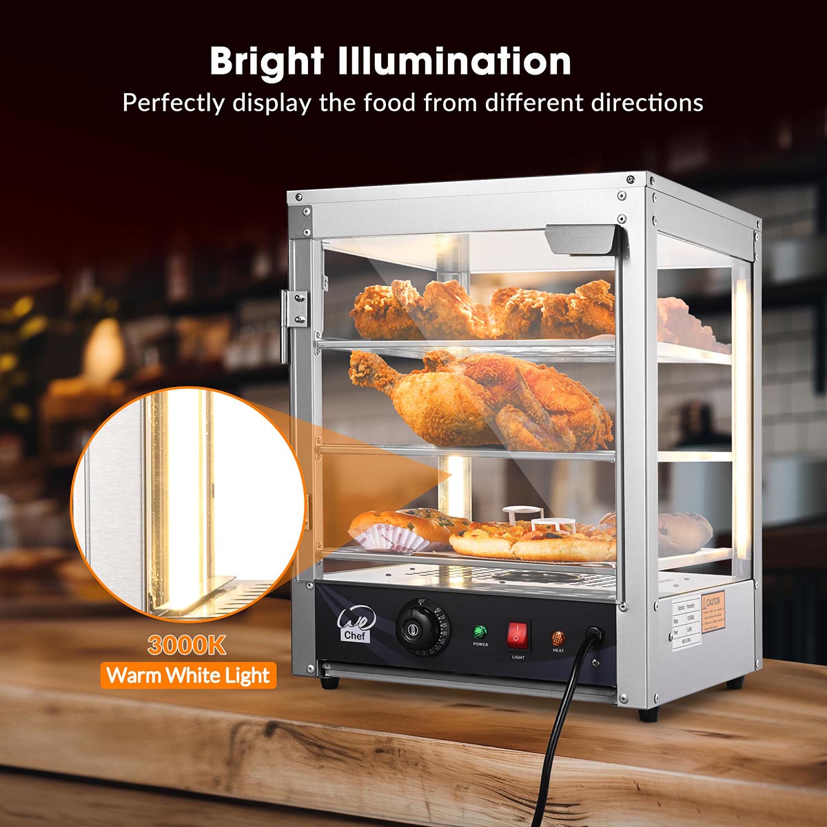 Yescom Pizza Food Warmer Commercial Countertop Display Case 3-Tier 15x15x20