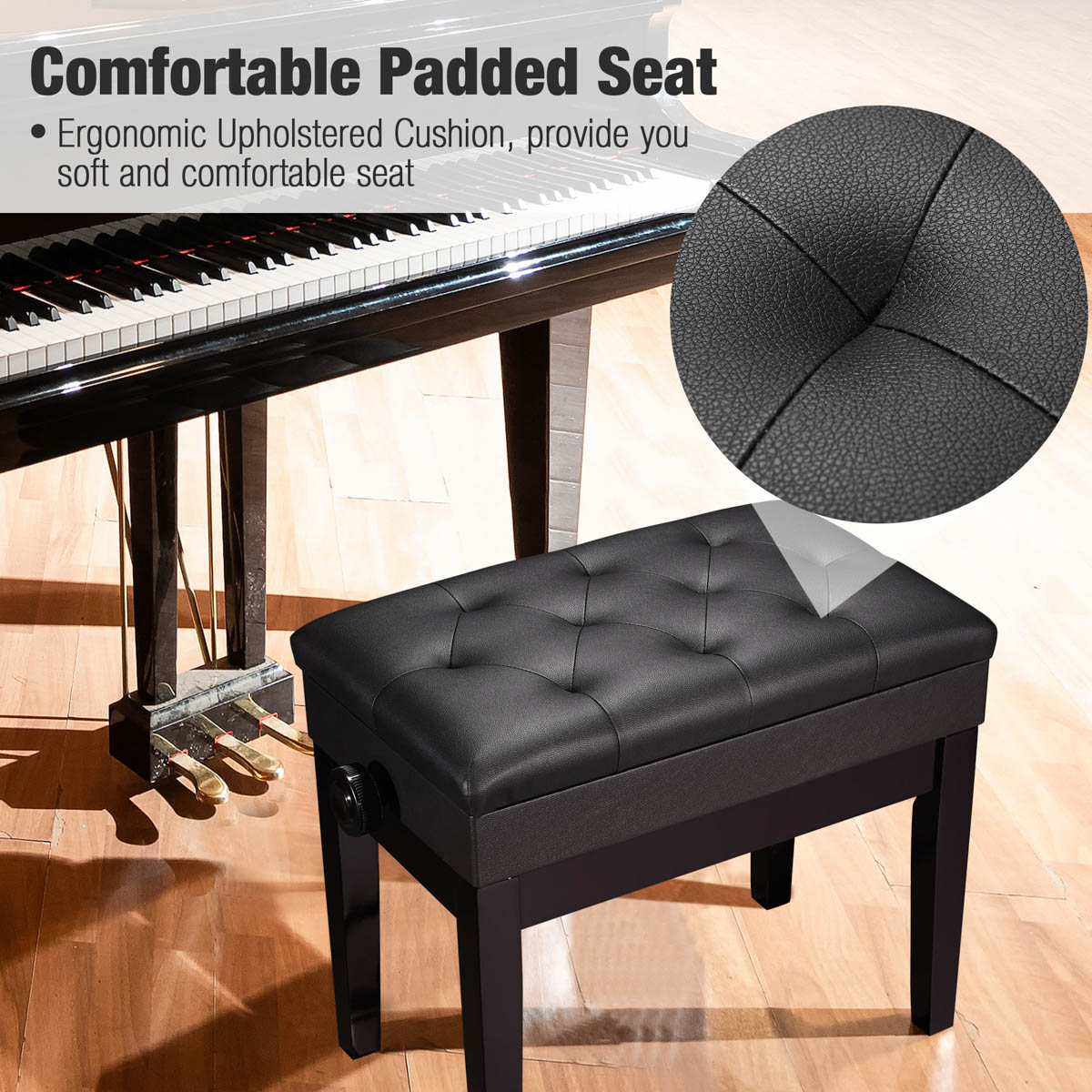 Yescom Piano Bench Leather Seat Adjustable-Height w/ Storage