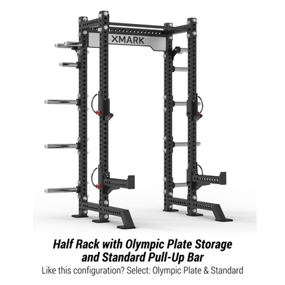 XMARK Viper Half Power Rack featuring Olympic plate storage and standard pull-up bar for home gym use.