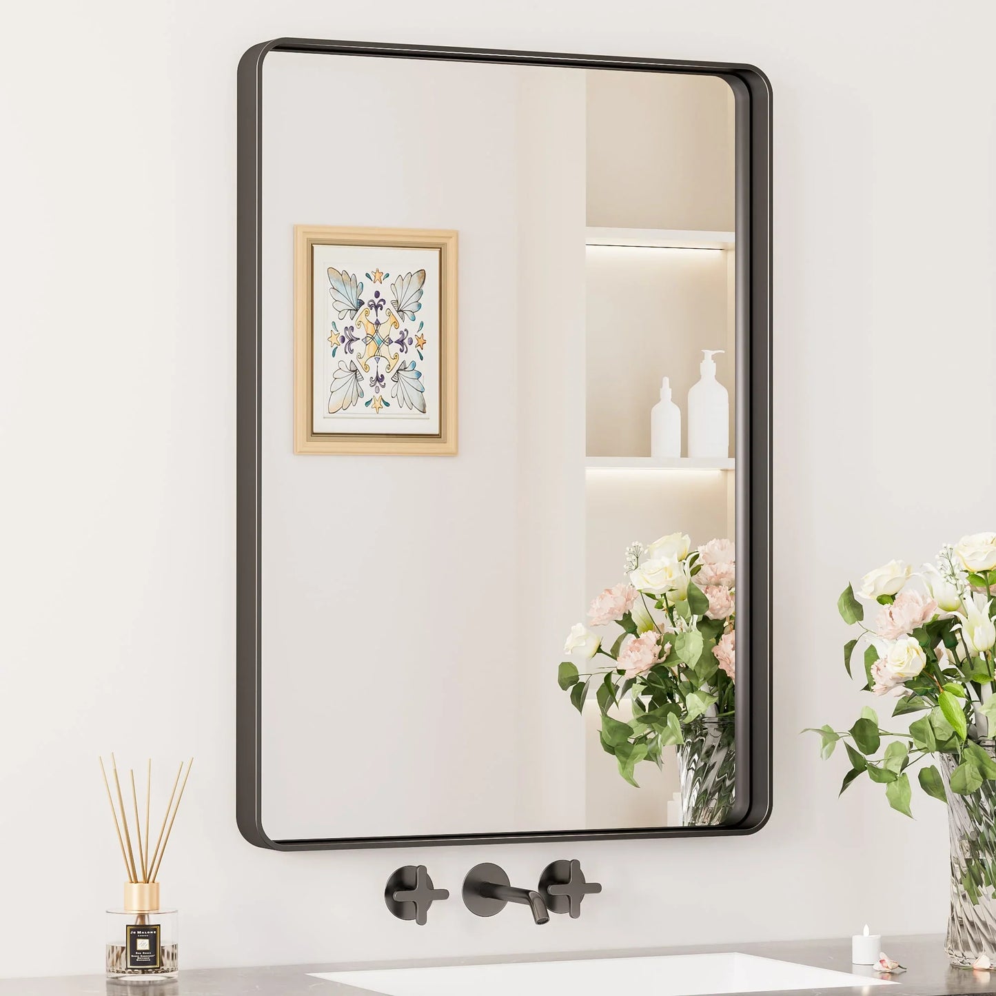 Black Hard Corner Thin Frame Metal Mirror – Modern Rectangular Wall-Mounted Mirror