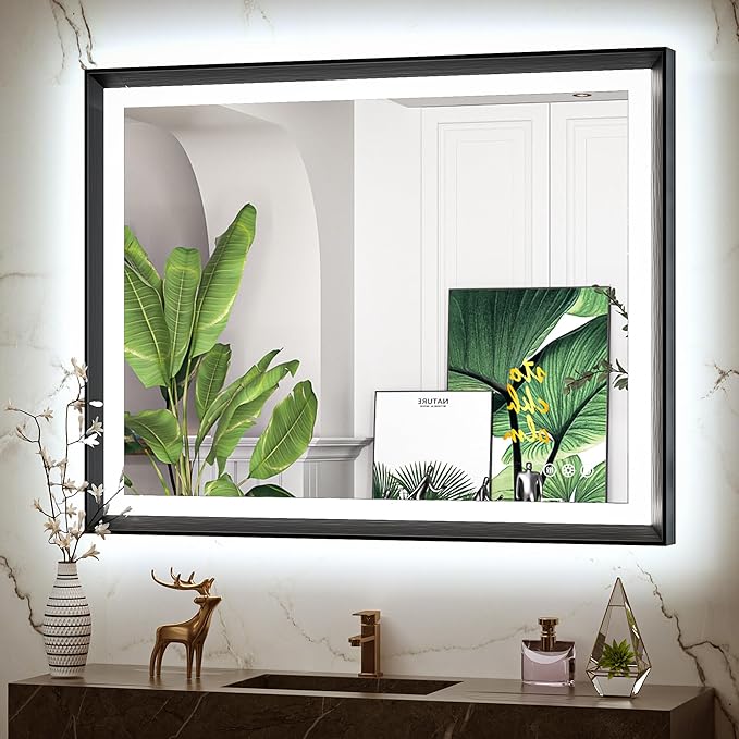 40x30 Black Frontlit LED Bathroom Mirror with 3 CCT – Dimmable - Anti-Fog - Metal Frame