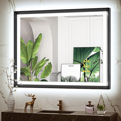40x30 Black Frontlit LED Bathroom Mirror with 3 CCT – Dimmable - Anti-Fog - Metal Frame