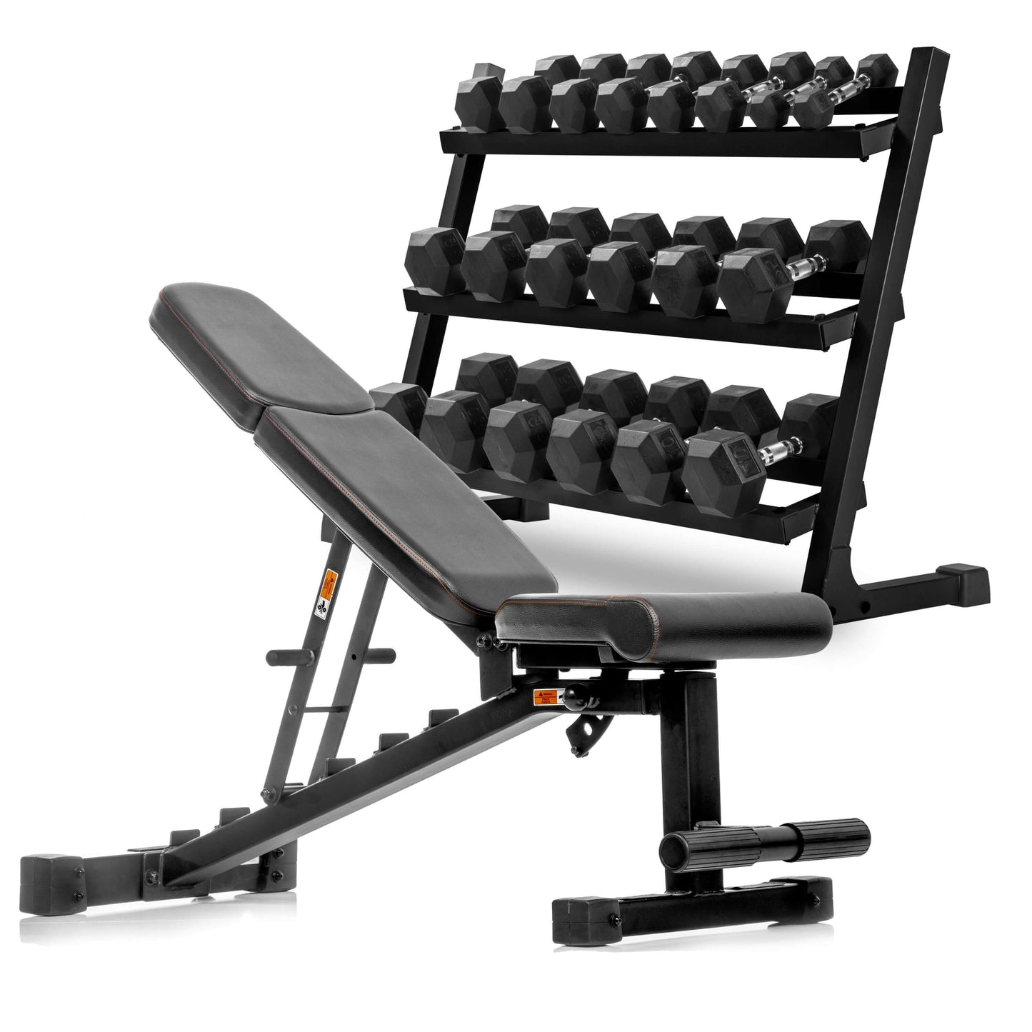 5-50 lb hex dumbbell set with storage rack and adjustable weight bench for home gym exercises.