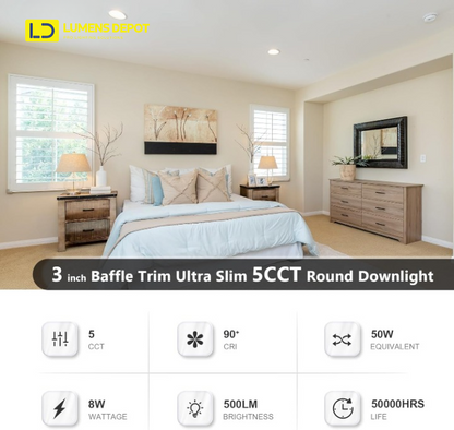 3 Inch LED Recessed Light, 8W, Selectable CCT, 500 Lumens, 120 VAC