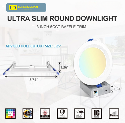 3 Inch LED Recessed Light, 8W, Selectable CCT, 500 Lumens, 120 VAC