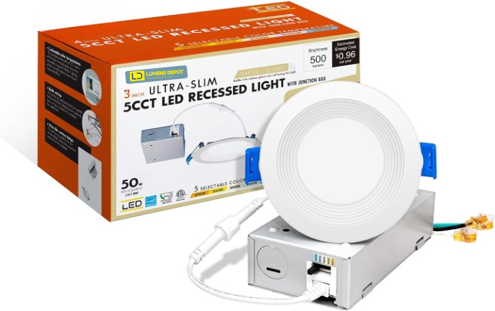 3 Inch LED Recessed Light, 8W, Selectable CCT, 500 Lumens, 120 VAC