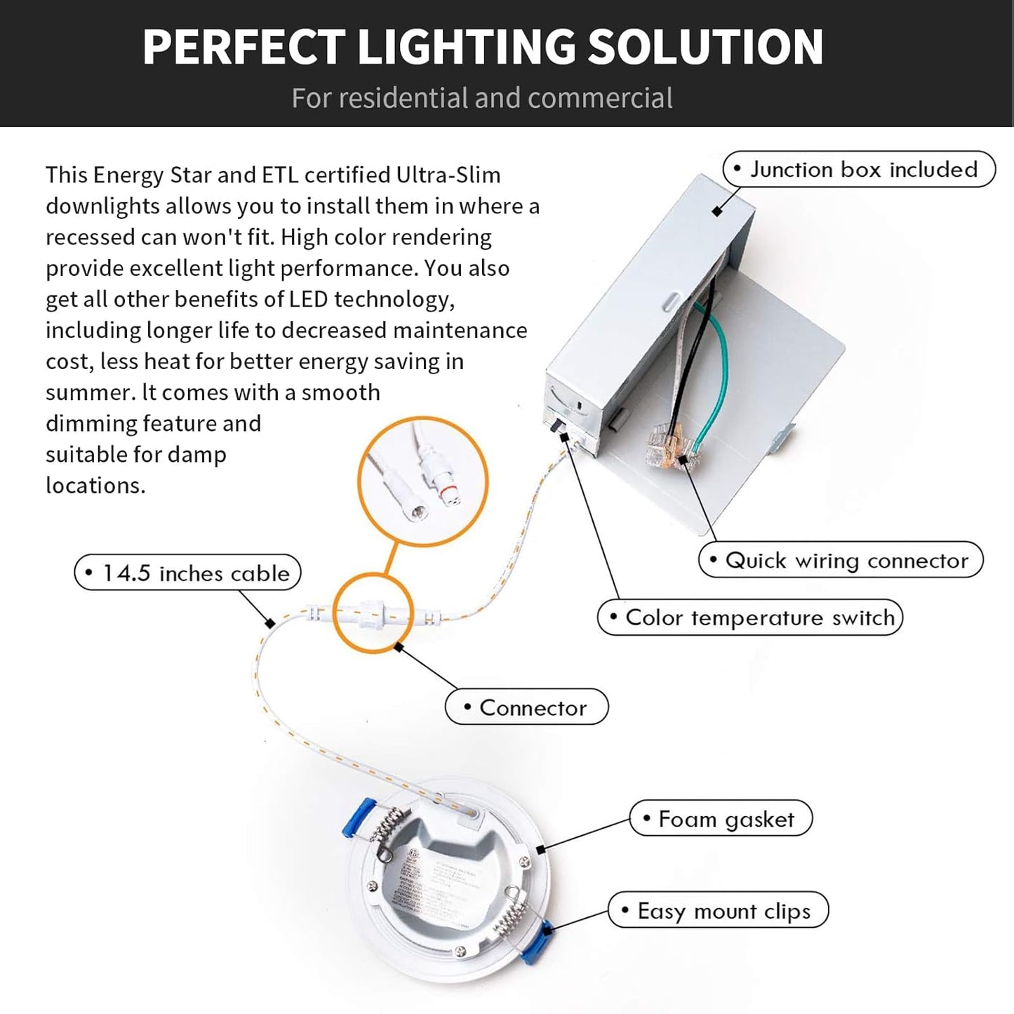 3 Inch LED Recessed Light, 8W, Selectable CCT, 500 Lumens, 120 VAC