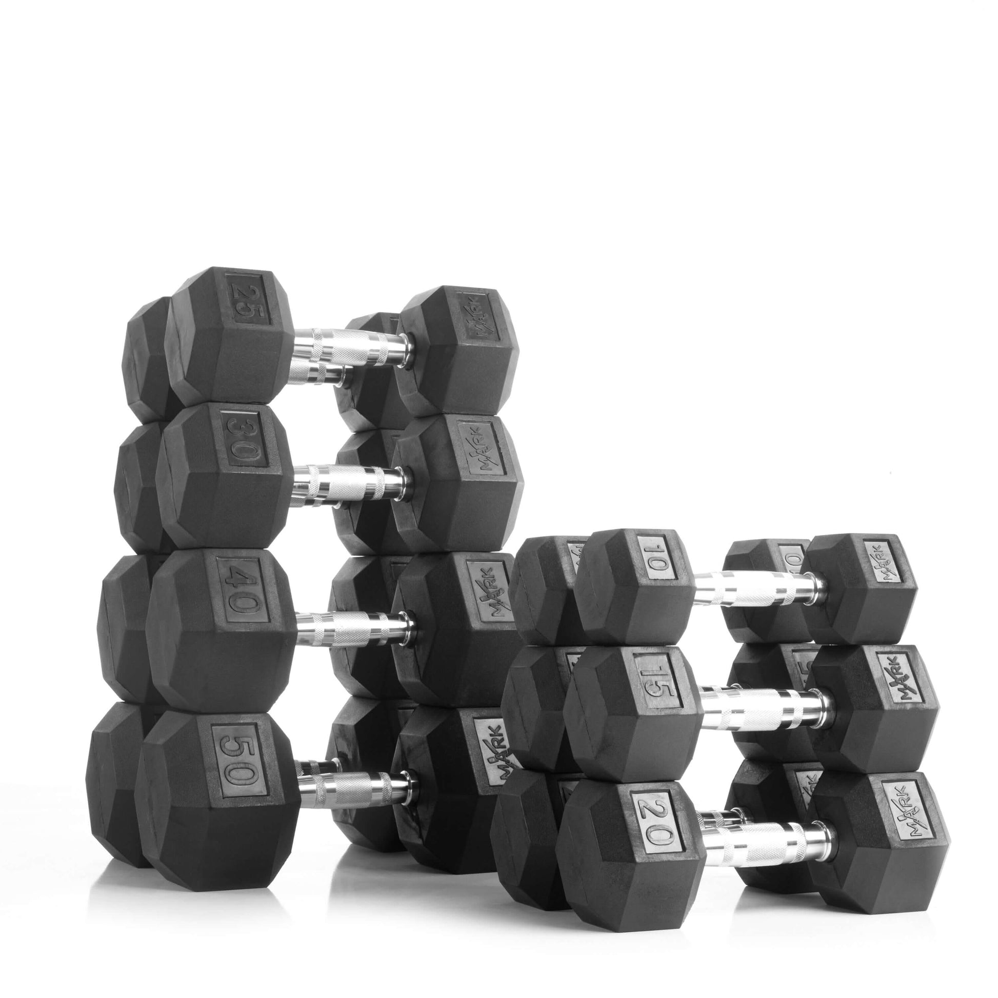 Set of rubber hex dumbbells in various weights, including 10, 15, 20, 25, 30, 40, and 50 lbs, arranged in a tier rack.