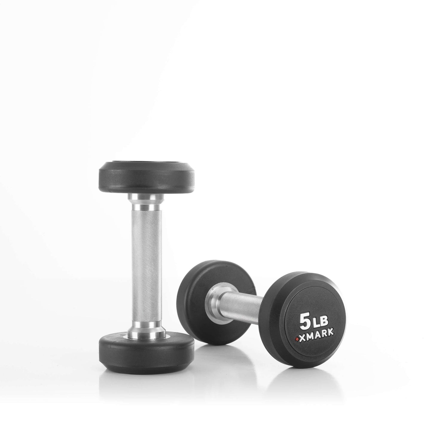 5 lb XMARK commercial round dumbbells with urethane coating, designed for durability and strength training.