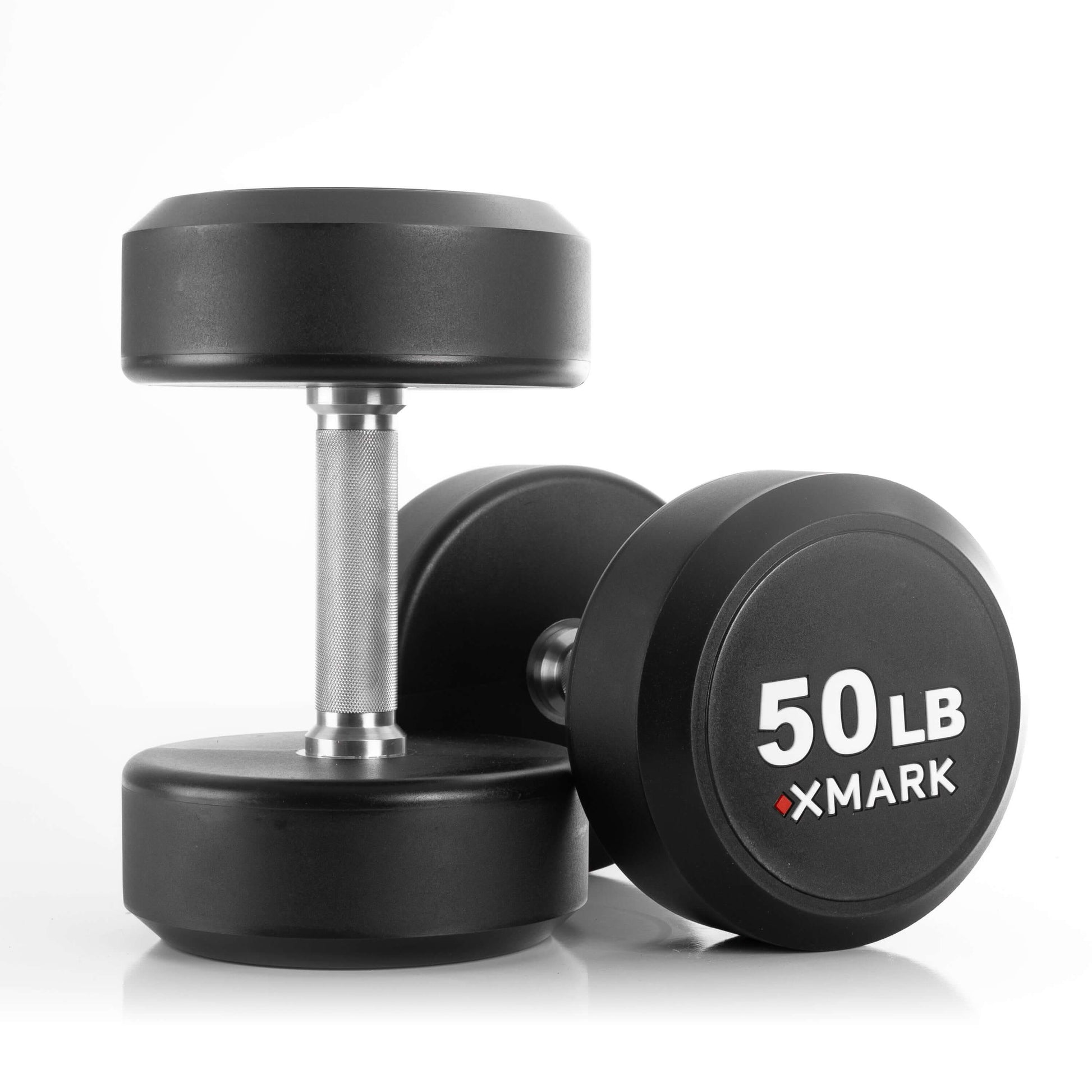 XMARK 50 lb round commercial urethane dumbbell set, perfect for strength training and gym use.