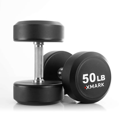 XMARK 50 lb round commercial urethane dumbbell set, perfect for strength training and gym use.