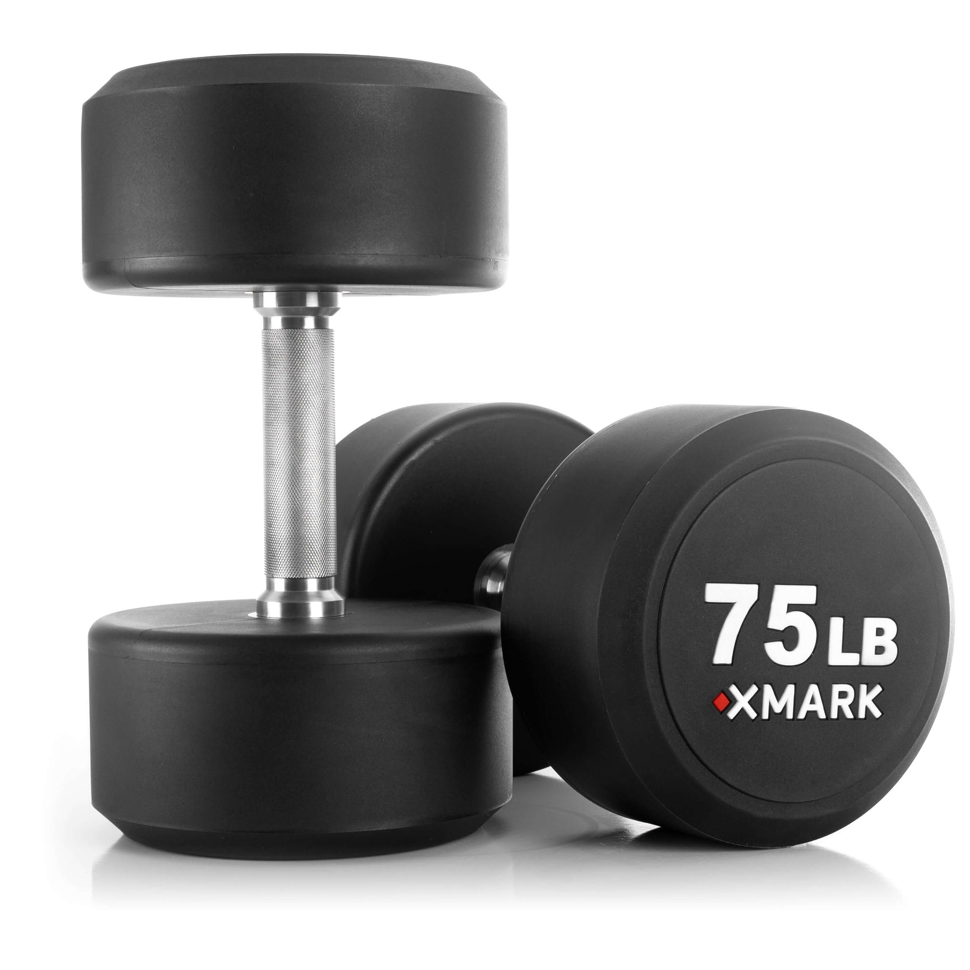 XMARK 75 lb round urethane dumbbell, designed for durability and accuracy in strength training.