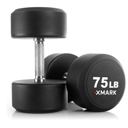XMARK 75 lb round urethane dumbbell, designed for durability and accuracy in strength training.