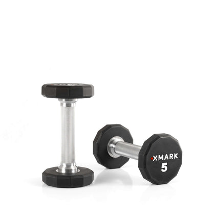 XMARK 5 lb urethane dumbbells featuring knurled handles and 12-sided design for grip and stability.