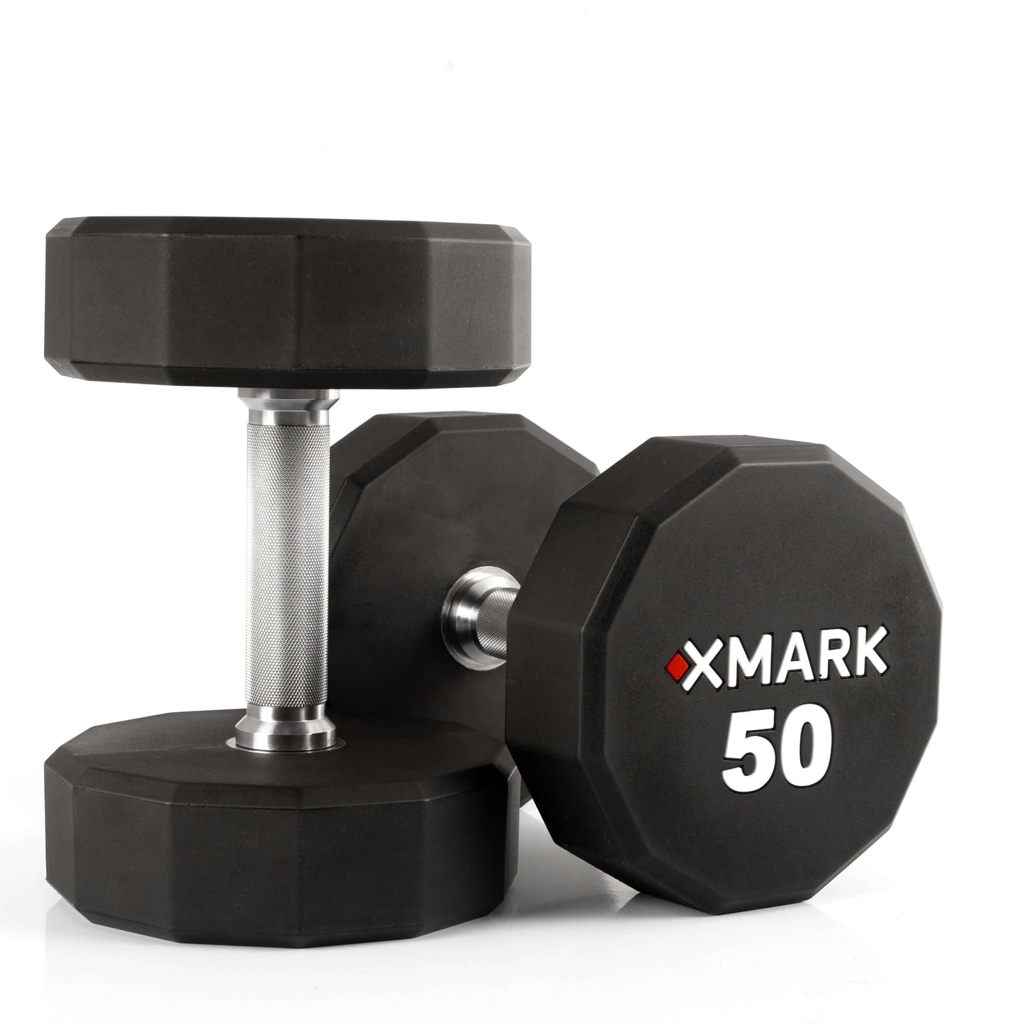 XMARK 50 lb urethane dumbbell set with knurled handles and 12-sided design for non-rolling stability.