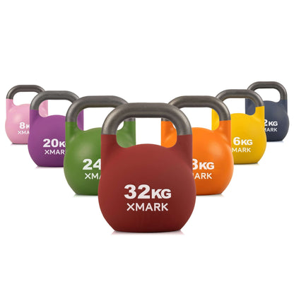 Colorful competition kettlebells ranging from 8kg to 32kg, showcasing vibrant handles and weights for fitness enthusiasts.
