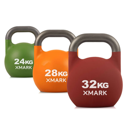 Three competition kettlebells in green (24kg), orange (28kg), and red (32kg) colors, perfect for elevating workouts.