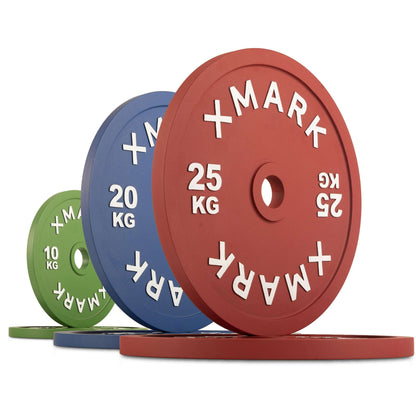 Calibrated steel powerlifting plates in various weights (10kg, 20kg, 25kg) with color-coding and bold lettering.