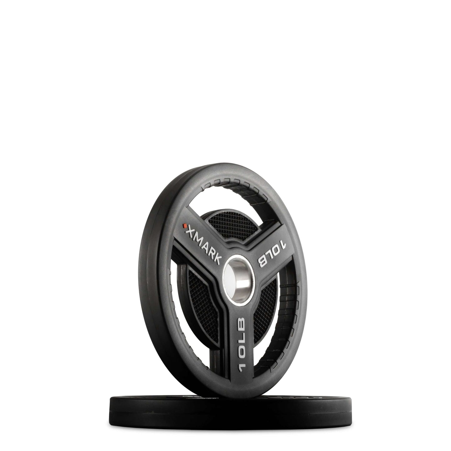 Commercial Urethane Olympic weight plate by XMARK with tri-grip handles, 10 lb. plated on a white background.