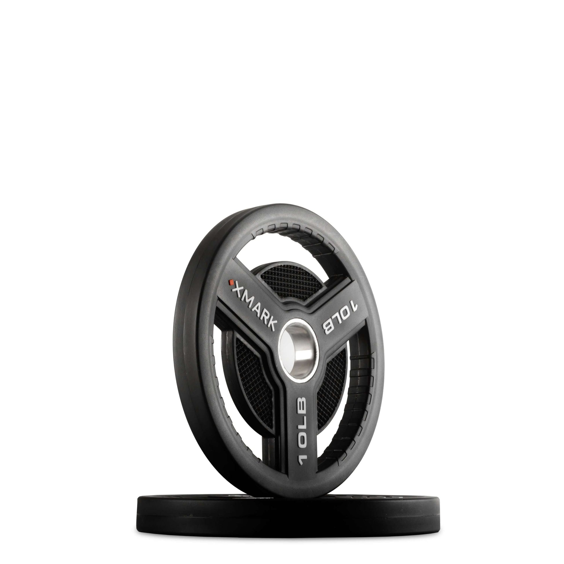 Commercial Urethane Olympic weight plate by XMARK with tri-grip handles, 10 lb. plated on a white background.