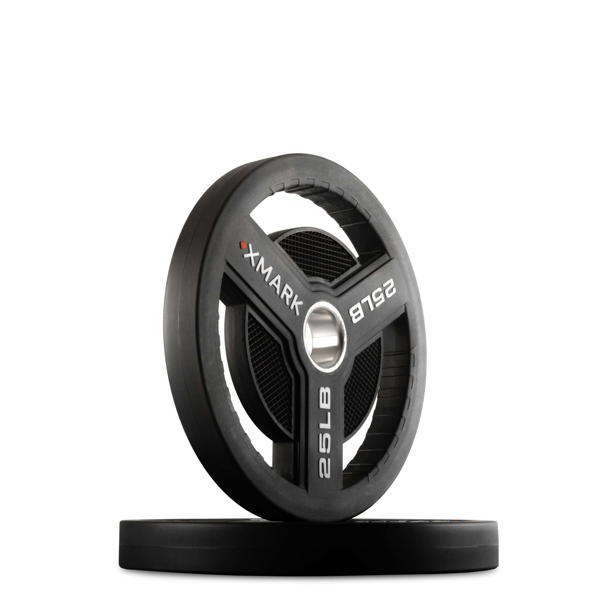 XMARK 25LB Commercial Urethane Olympic Weight Plate with tri-grip handles for versatile gym use.