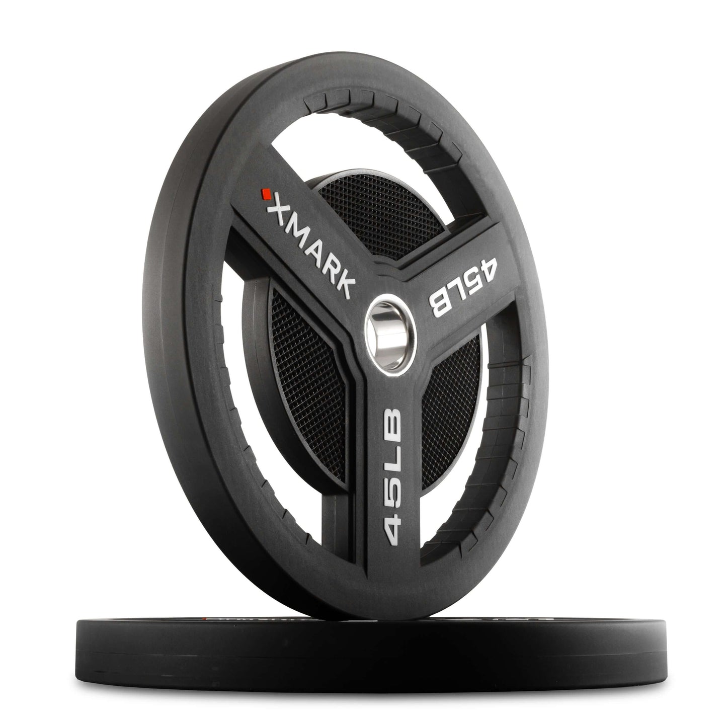 XMARK 45LB Commercial Urethane Olympic Weight Plate with tri-grip handles for versatile gym use.