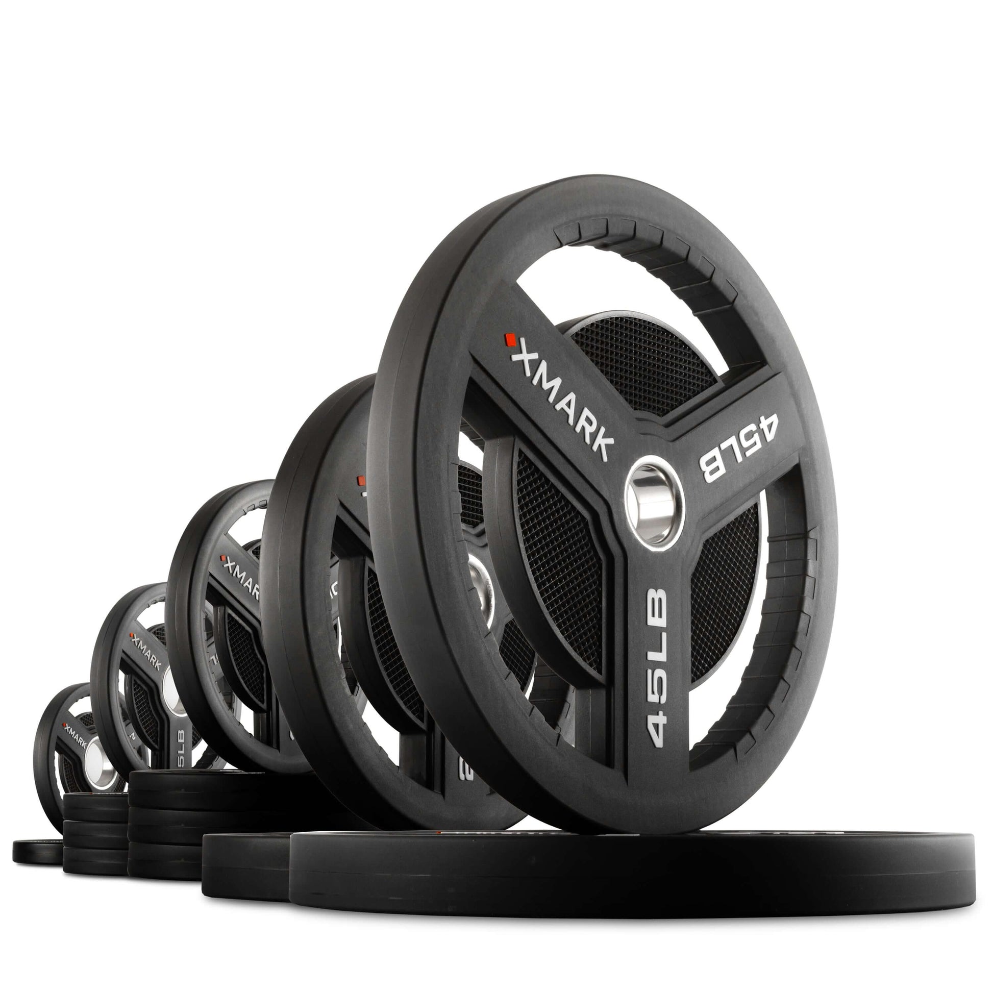 XMARK Commercial Urethane Olympic Weight Plates, featuring durable cast iron core and tri-grip handles.