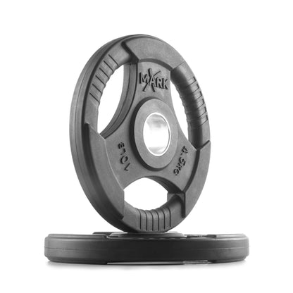 Close-up of XMARK Tri-Grip Olympic weight plate, showcasing its classic design and sturdy construction, perfect for strength training.