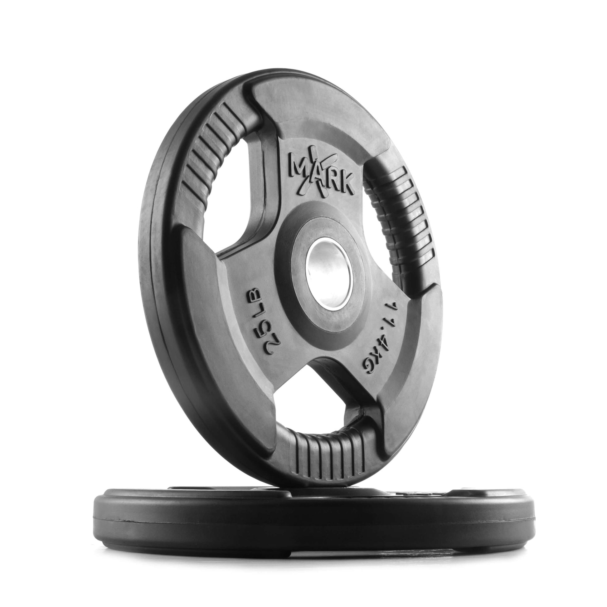 Tri-Grip Olympic weight plate, 25 lb, with ergonomic grip design for strength training, showcased in a side view.