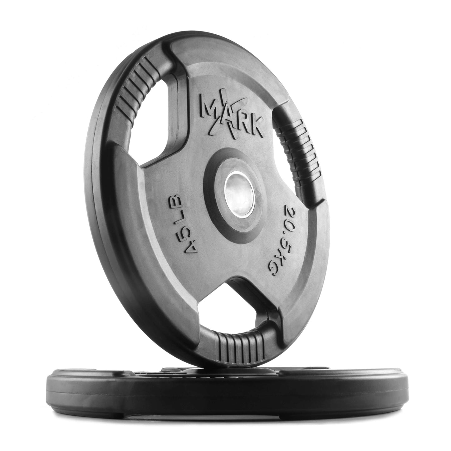 XMARK Tri-Grip Olympic weight plates with ergonomic grips, 20.5 lb size, ideal for strength training exercises.