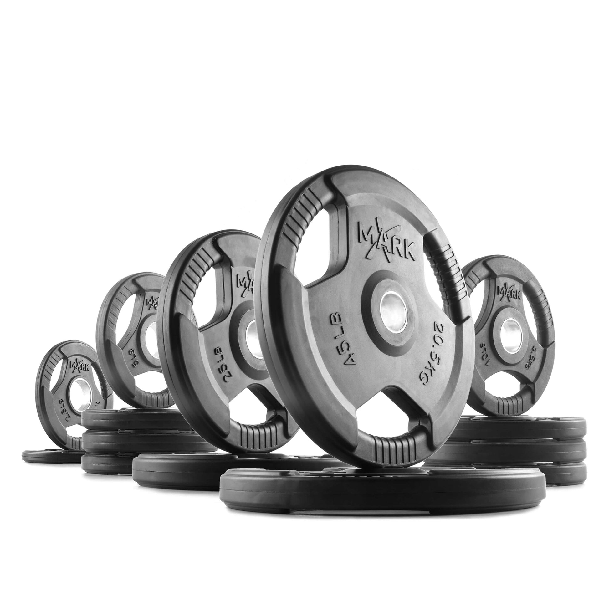 Set of XMARK TRI GRIP Olympic weight plates, showcasing various sizes for strength training.