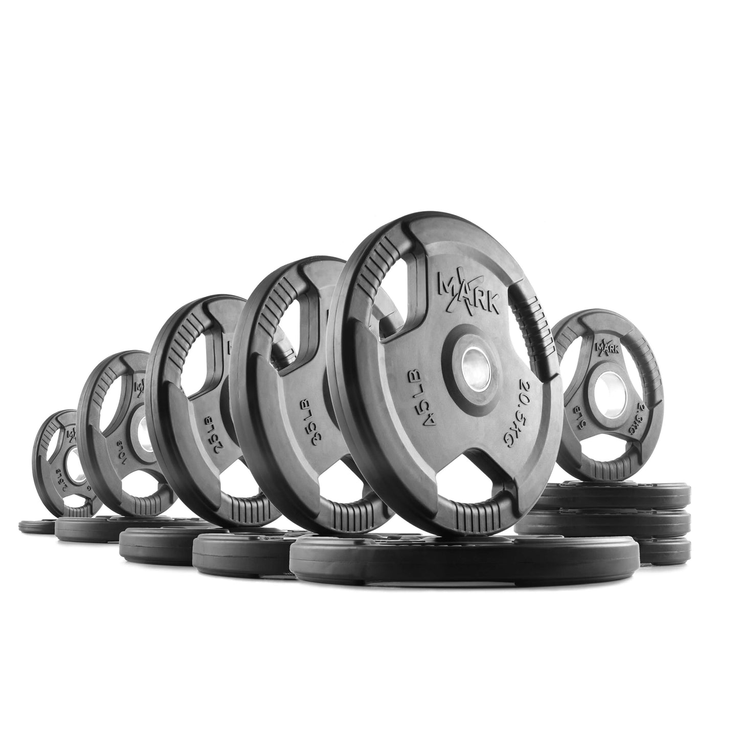 Stack of XMARK Tri-Grip Olympic weight plates in various sizes, showcasing durable design for strength training.