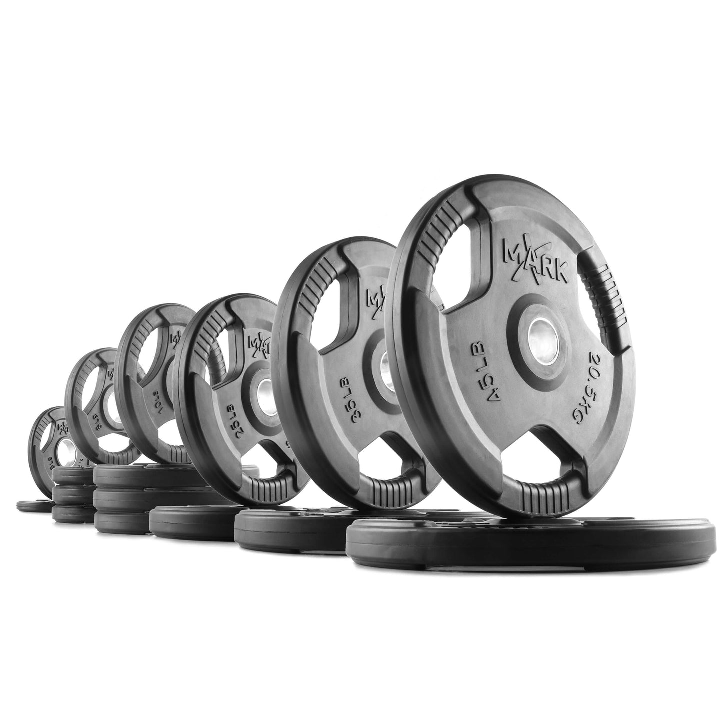 Tri-Grip Olympic weight plates in a row, showcasing various weights for strength training exercises. Durable and solid build.