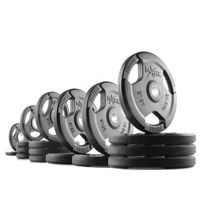 Tri-Grip Olympic Weight Plates by XMARK, showcasing a sleek design in various weights for strength training.