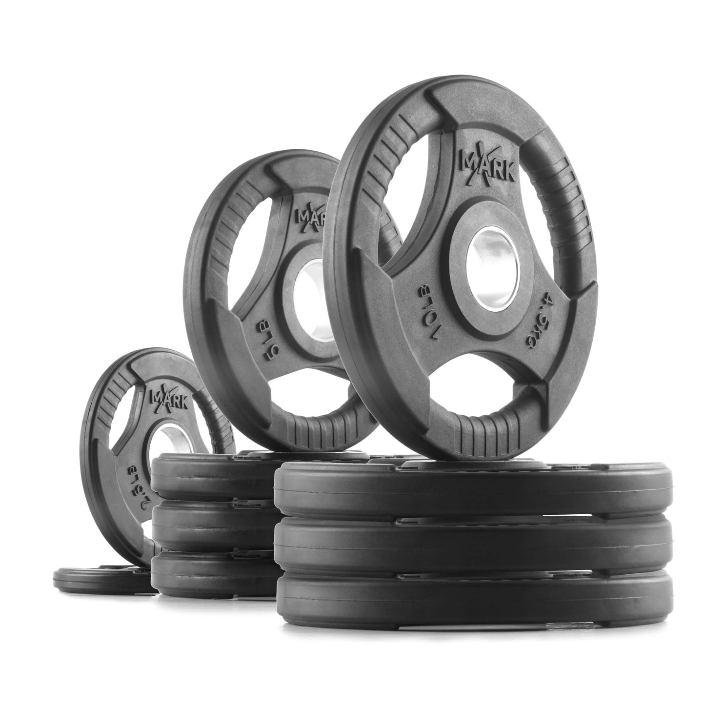 XMARK Tri-Grip Olympic weight plates stacked, featuring 10 lb, 5 lb, and 2.5 lb variations for strength training.