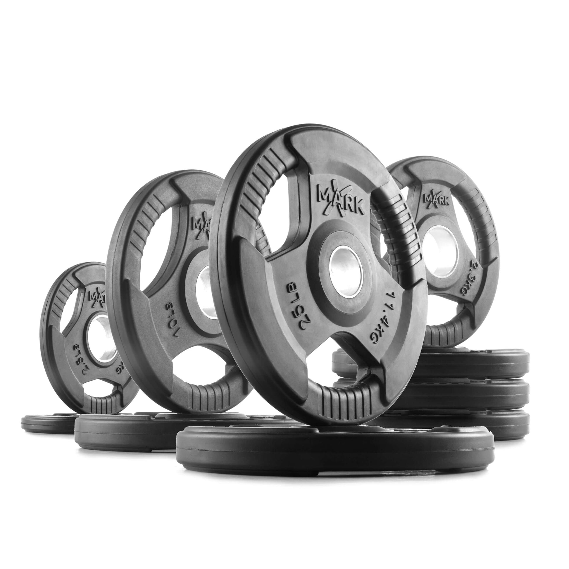 Image of XMARK TRI GRIP Olympic weight plates neatly arranged, showcasing the classic design for strength training.
