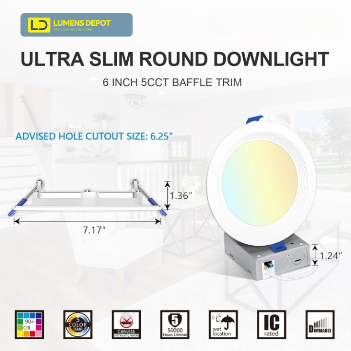 6 Inch LED Downlight, 12W, Selectable CCT, 900 Lumens, 120 VAC