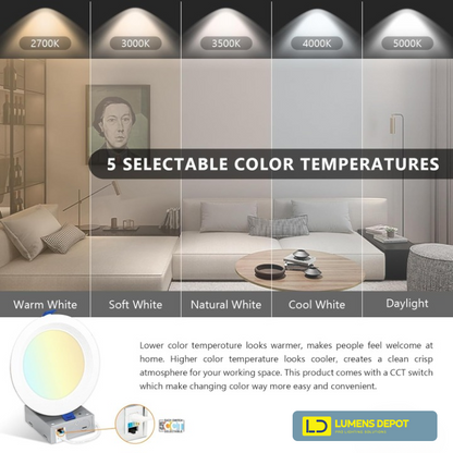 6 Inch LED Downlight, 12W, Selectable CCT, 900 Lumens, 120 VAC