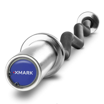 Black EZ Curl Bar with chrome sleeves, designed for Olympic plates, showcasing ergonomic curl design and XMARK branding.