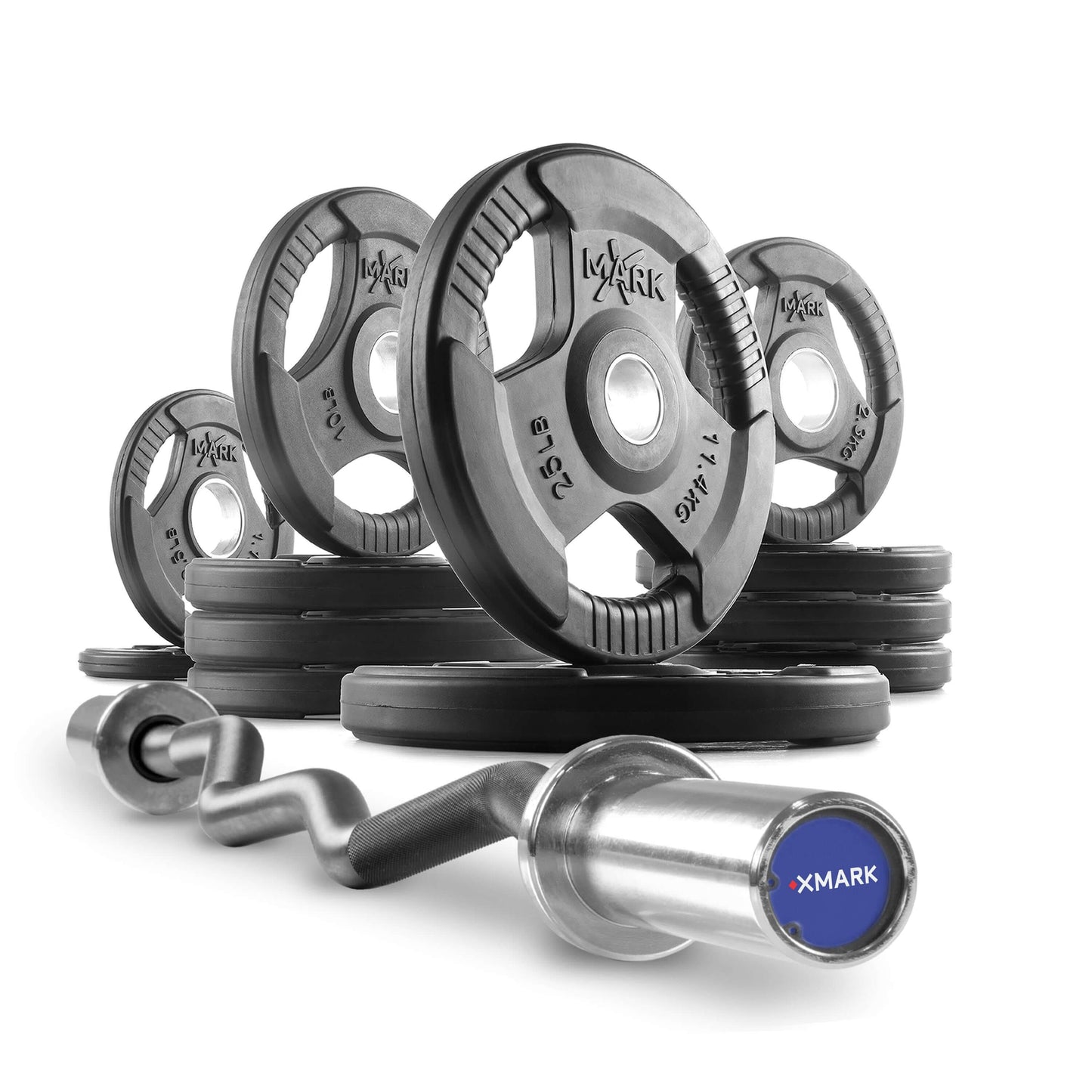 Tri-Grip Olympic weight plates and curl barbell set for home gym workouts, showcasing durable design and multiple weight options.