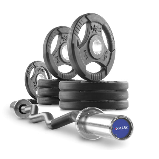 Tri-Grip Olympic weight plates and curl barbell set for home gym workouts, ideal for various lifters and fitness levels.