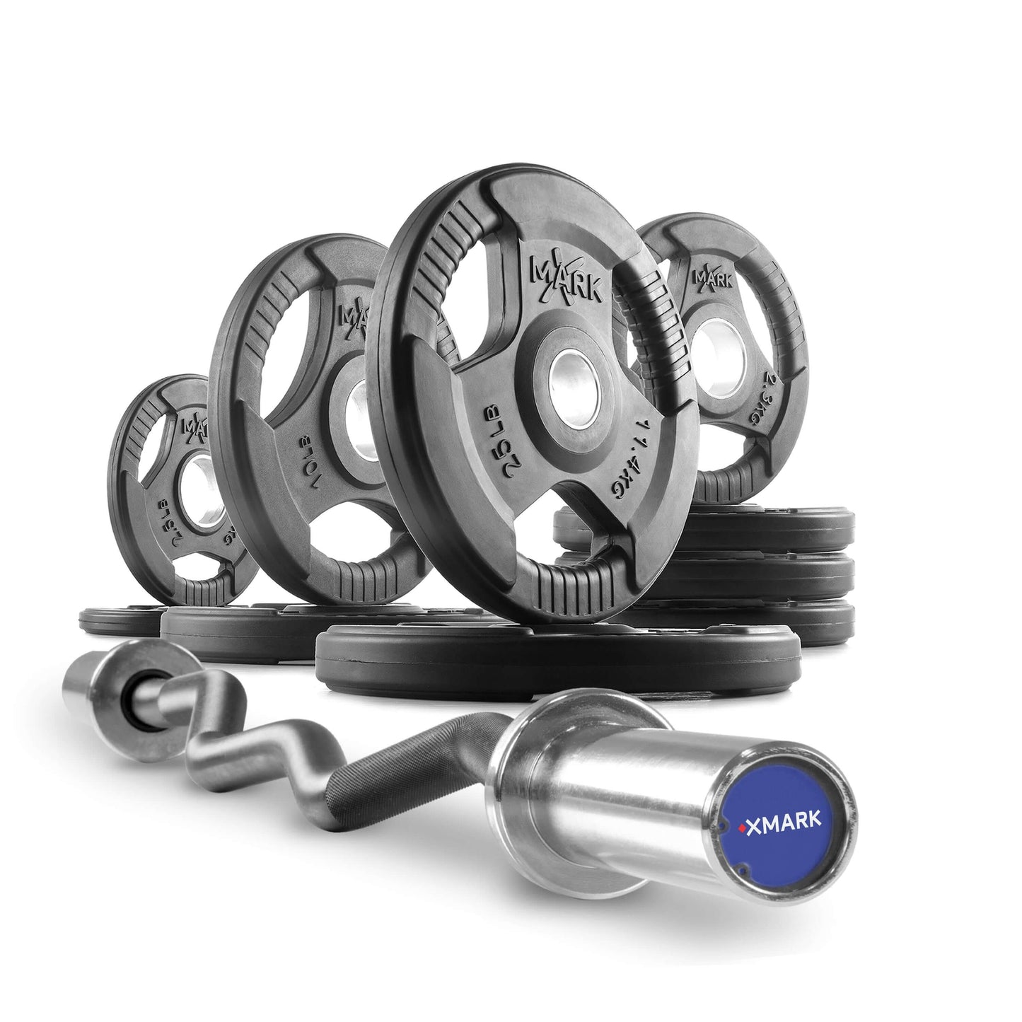 Tri Grip Olympic weight plates and curl barbell set for home gym, designed for versatile and effective bicep workouts.