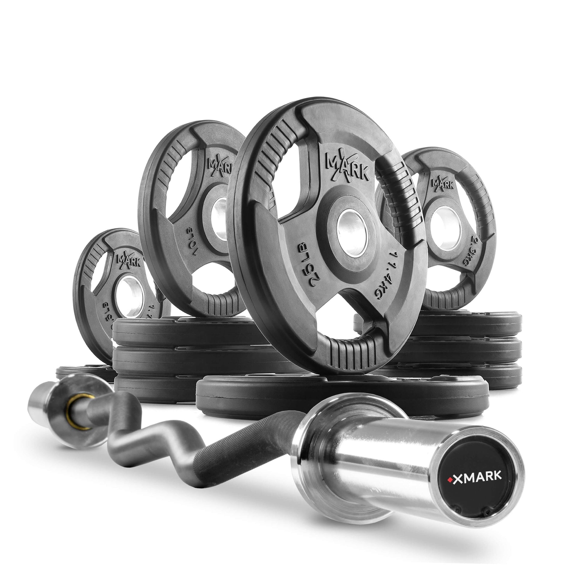 Tri-Grip Olympic weight plates and curl barbell set, perfect for home gyms, designed for beginners and experienced lifters.