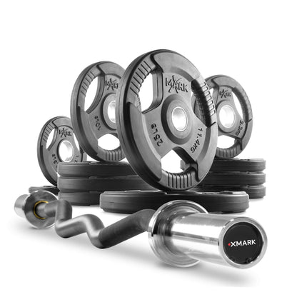 Tri-Grip Olympic weight plates and curl barbell set, perfect for home gyms, designed for beginners and experienced lifters.