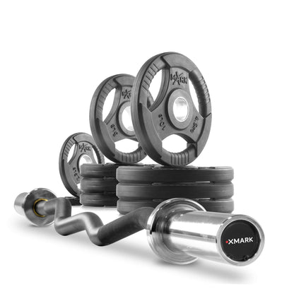 Tri-Grip Olympic weight plates and curl barbell set for home gym workouts, adjustable for all fitness levels.